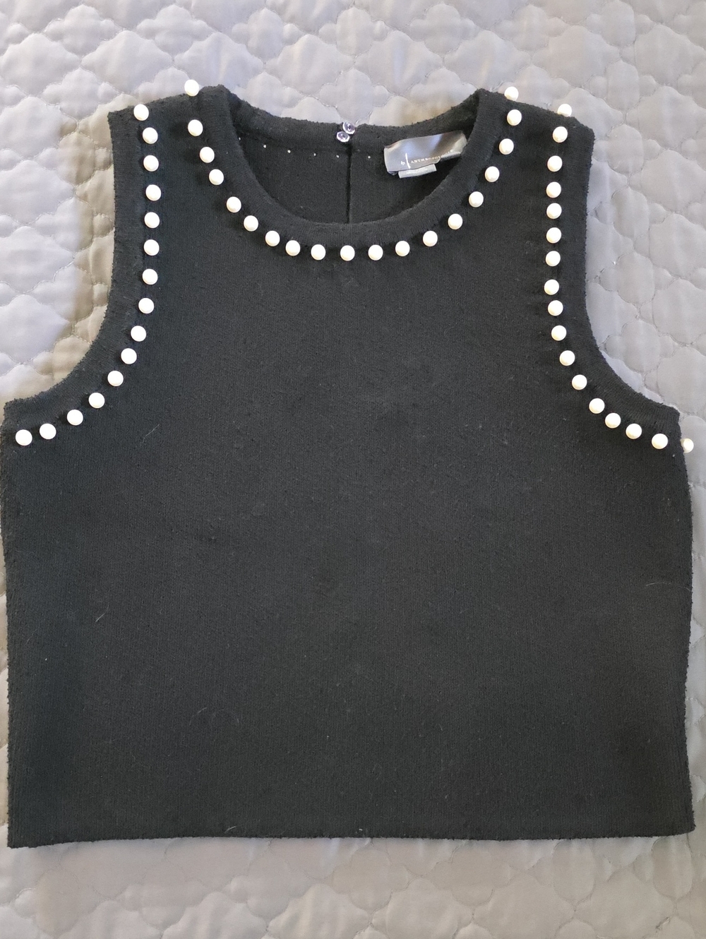 Anthropologie Black Sleeveless Crop Top Sweater with Pearl Trim